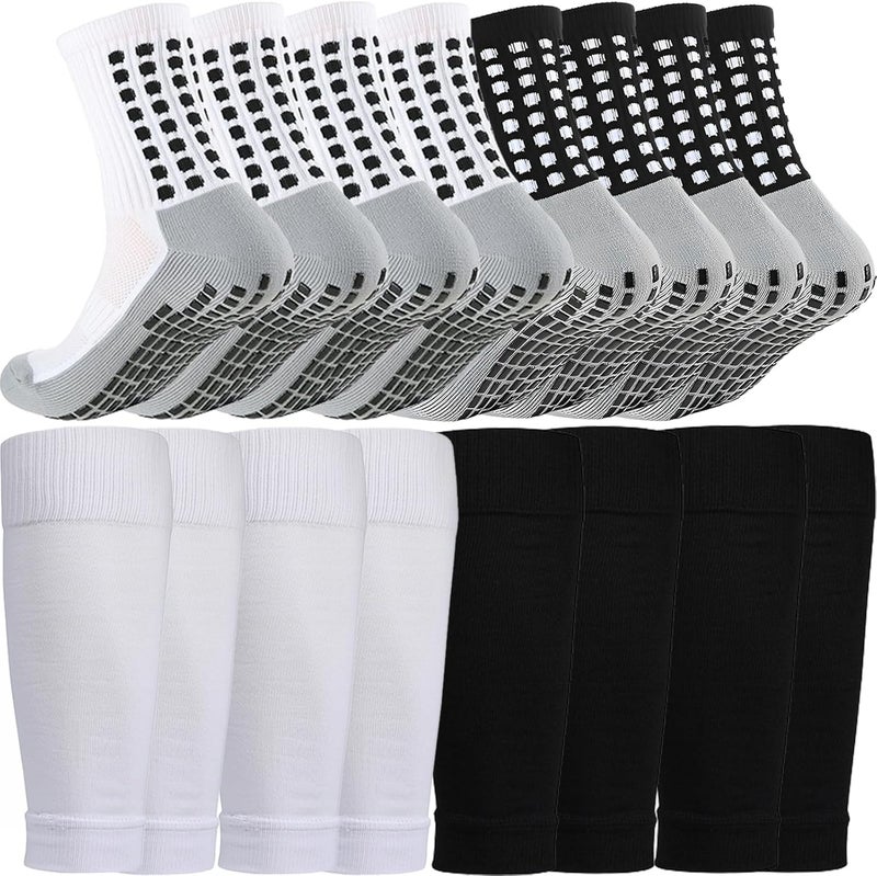 KMOLY 1 Set Soccer Grip Socks,Shin Guard Sleeves for Football Basketball for Men and Women Black/White One Size - Image 1